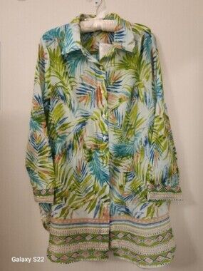 4 Ocean Lane Tropical Leaf Print- Beach Cover-up Green, Blue & Tan